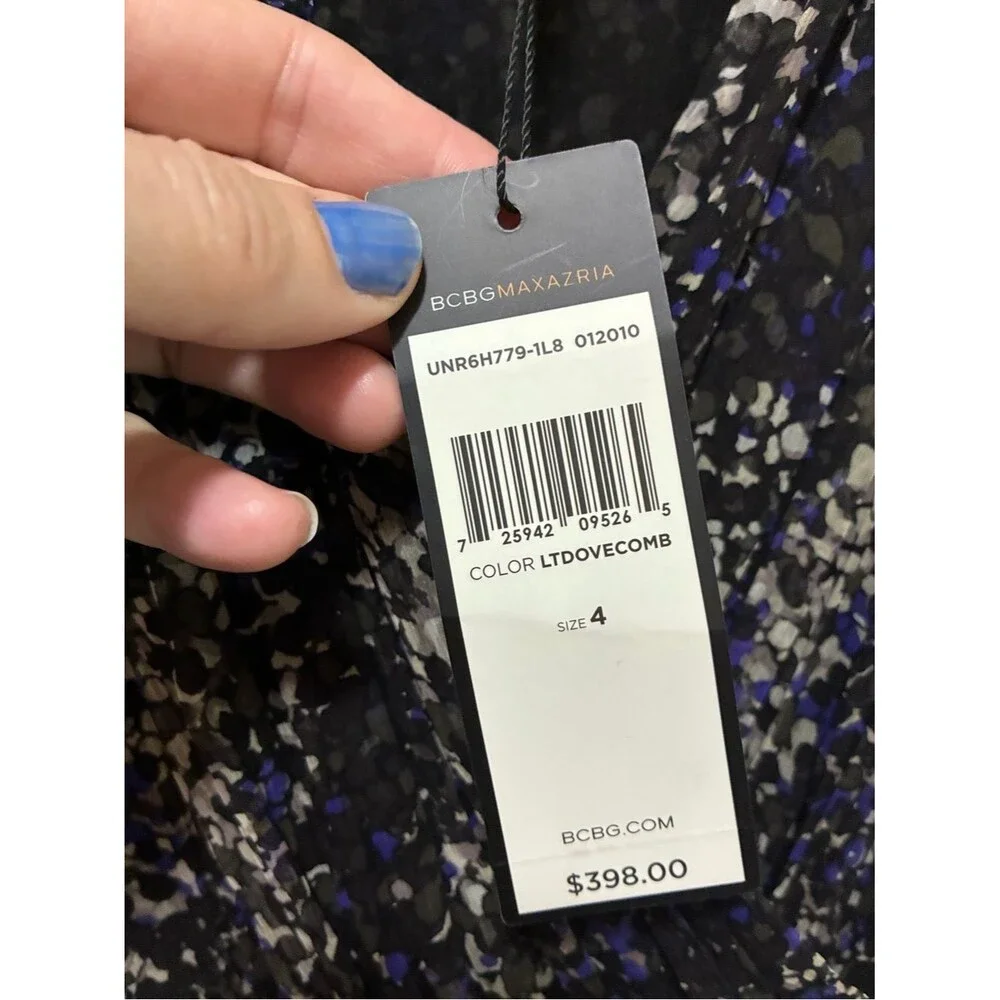 BCBG Maxazria Mixed-Print Black and Purple V-Neck Mini Silk Dress size 4